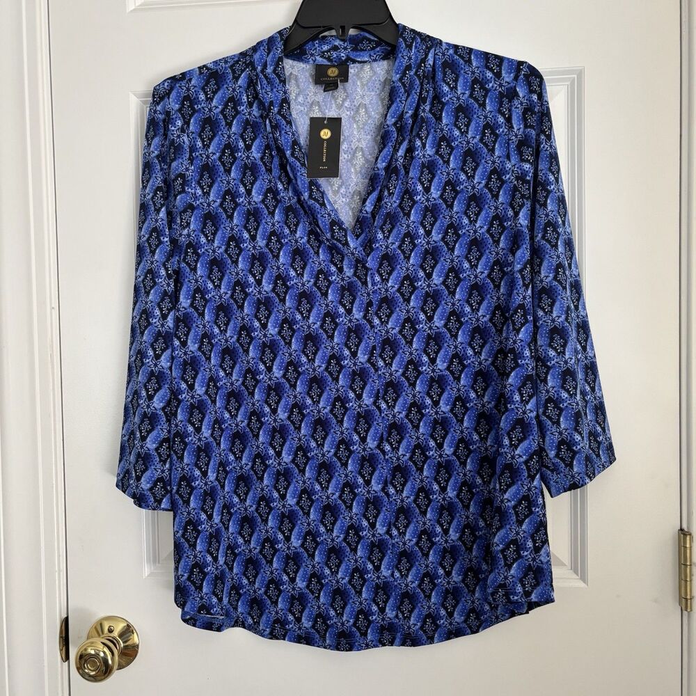 JM COLLECTION WOMENS TOP INTREPID BLUE PULLON V-NECK 3/4 SLEEVE TUNIC CAREER